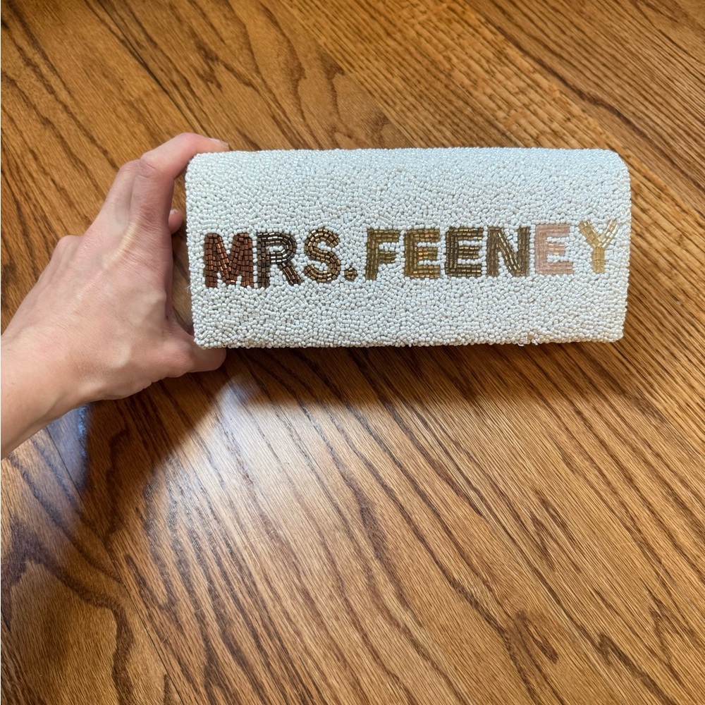 Beaded White Clutch with 'MRS. FEENEY' Lettering